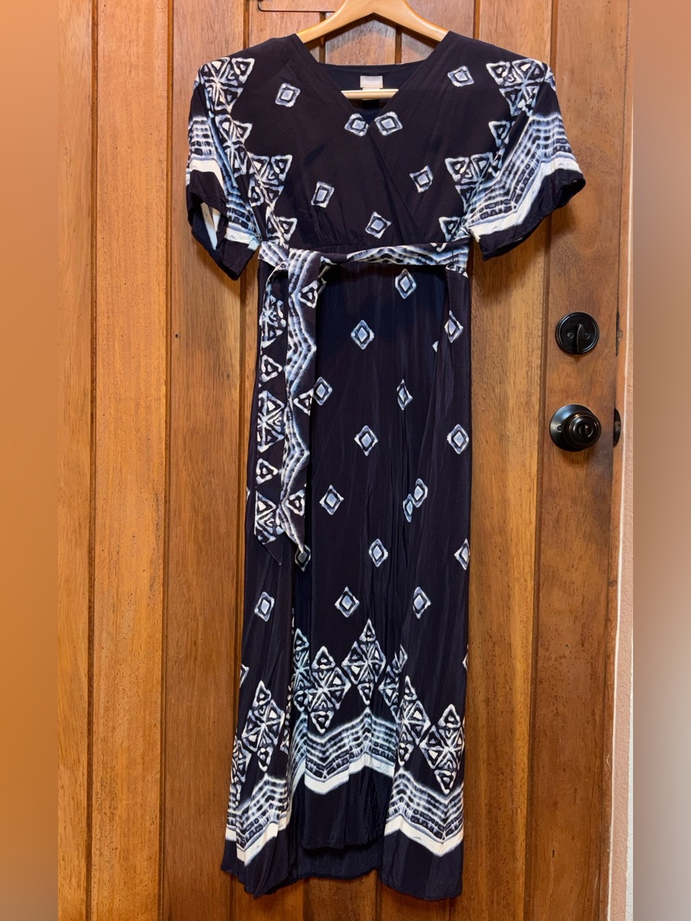 Chico’s Navy Blue Geometric Print Wrap Maxi Dress